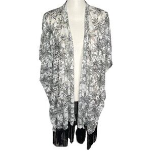 Janice Kimono Style Cardigan Black and White Floral Lace Fringe Size One Size